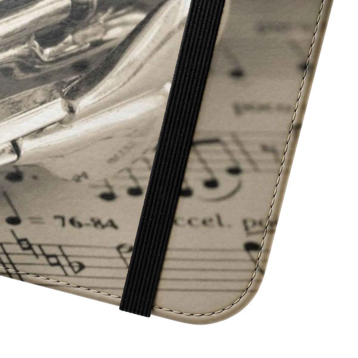 Cream-colored flip cover phone case featuring a monochrome clarinet image for music lovers - Close Up