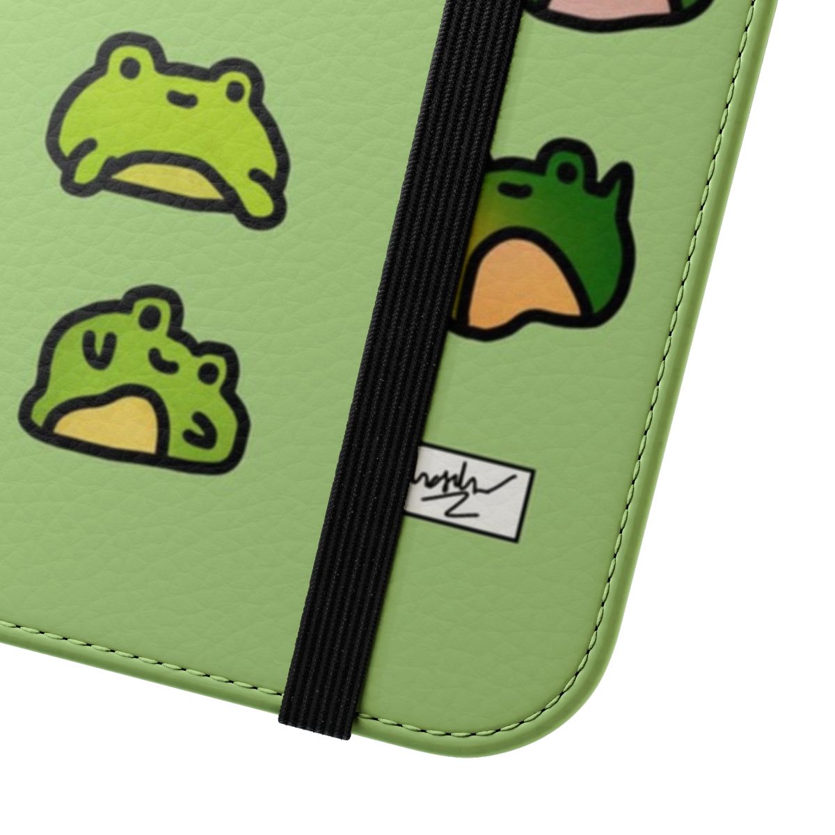 Artistic doodle illustration of a group of frogs on a flip phone case - Close Up