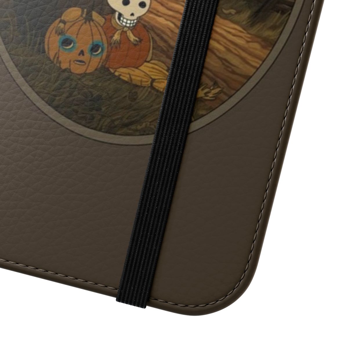 Gothic inspired flip cover phone case with black cat, pumpkin, and scull design - Close Up