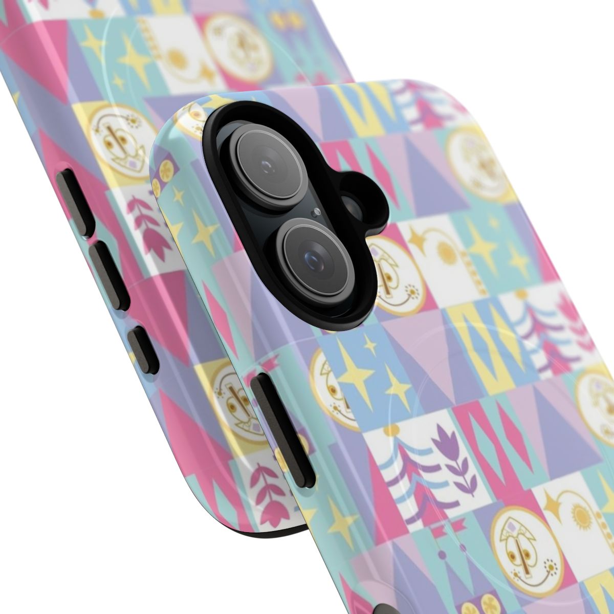 Colorful and imaginative Disney-inspired magnetic phone case featuring the "It's a Small World" attraction - Detail