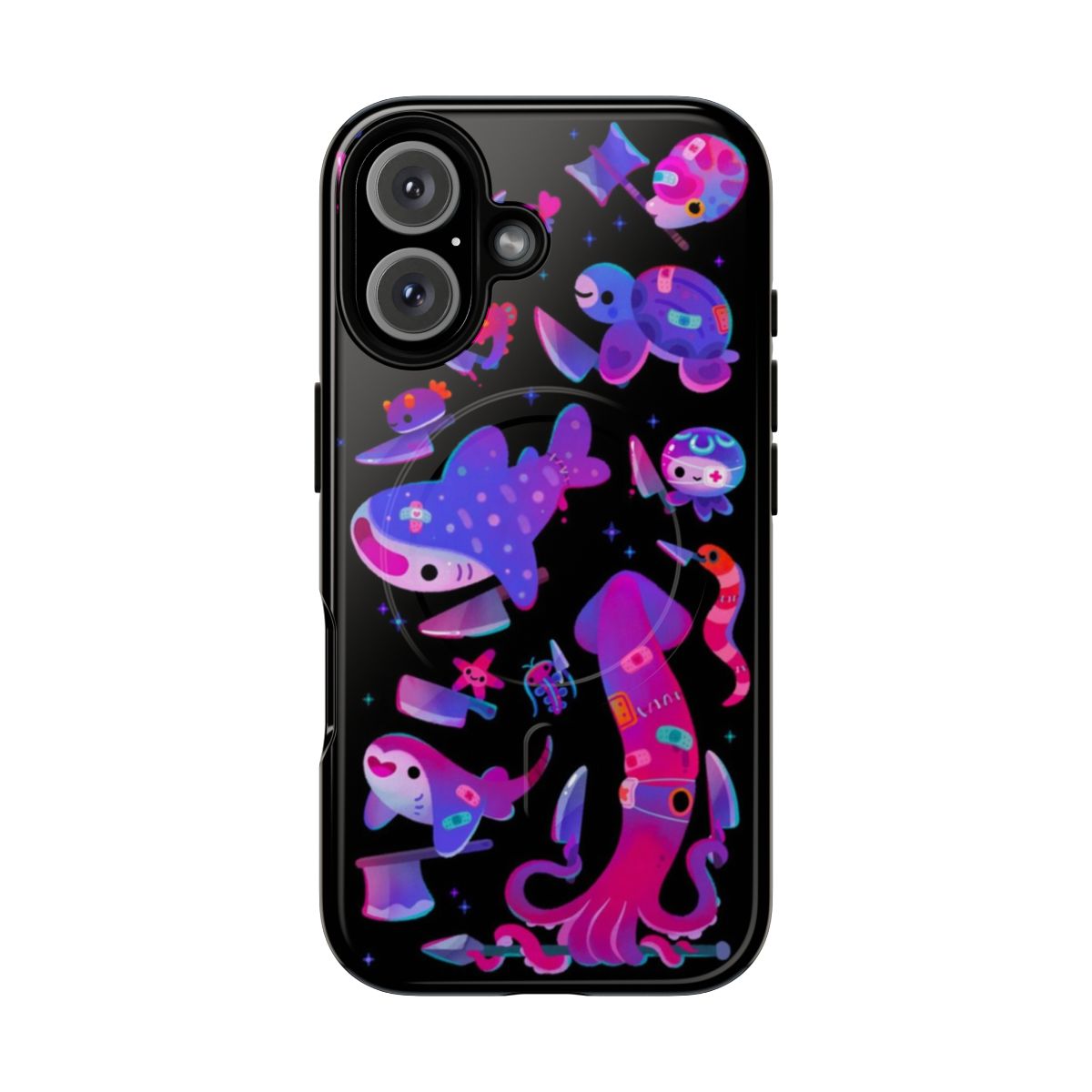 Magnetic tough phone case with stabby marine life creatures like sea turtles, squid, and sharks.