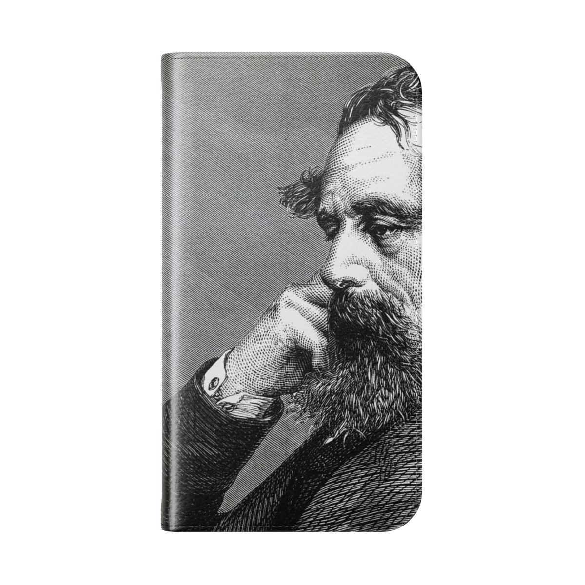 A vintage-inspired flip cover phone case featuring a portrait of the renowned author Charles Dickens. - Folded Back