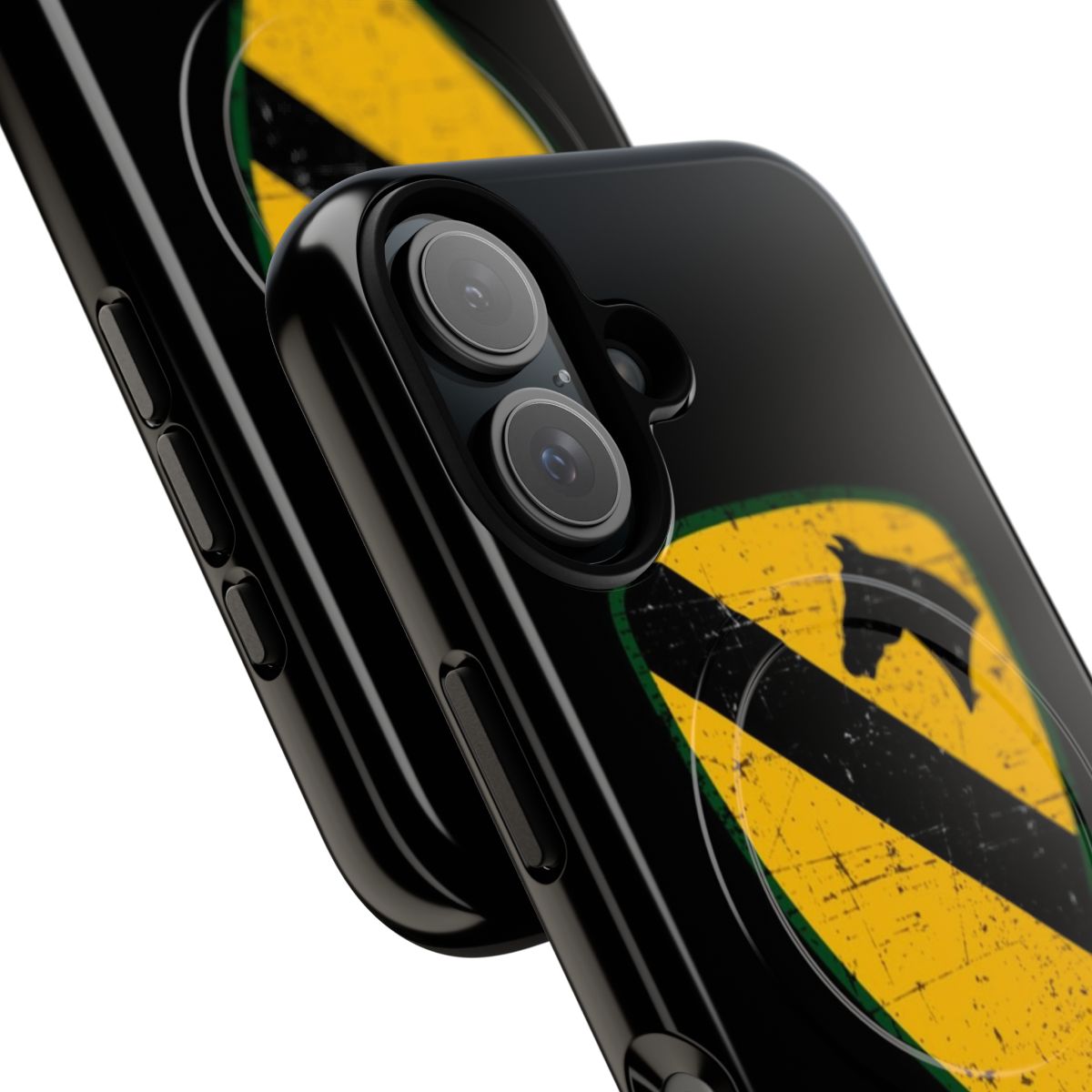 Tough phone case featuring a grunge-style design of the 1st Cavalry Division emblem - Detail