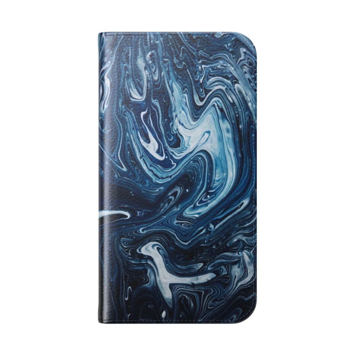 Abstract marble print phone case with dark blue and white swirl design - Folded Back