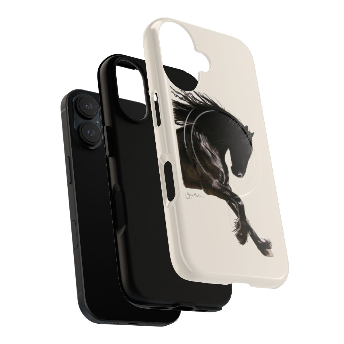 Magnetic phone case featuring a beautiful black friesian horse in a dancing pose. - Layers