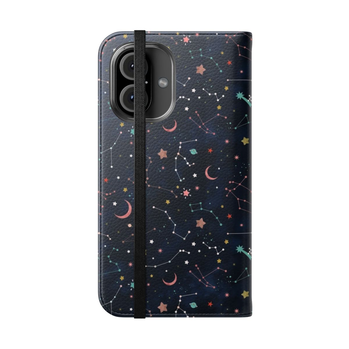 Starry sky design phone case featuring planets, moons, and shooting stars - Folded Front