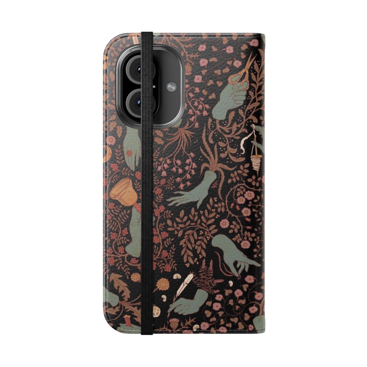 Flip cover phone case with a captivating hand pattern, perfect for a gothic or supernatural style. - Folded Front