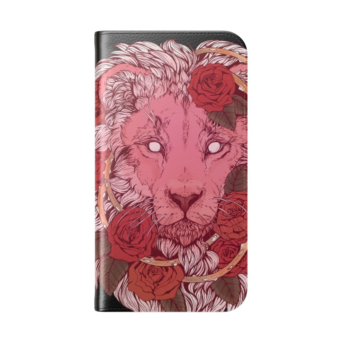 Vibrant flip cover phone case featuring a majestic lion surrounded by delicate roses and crystal gems. - Folded Back