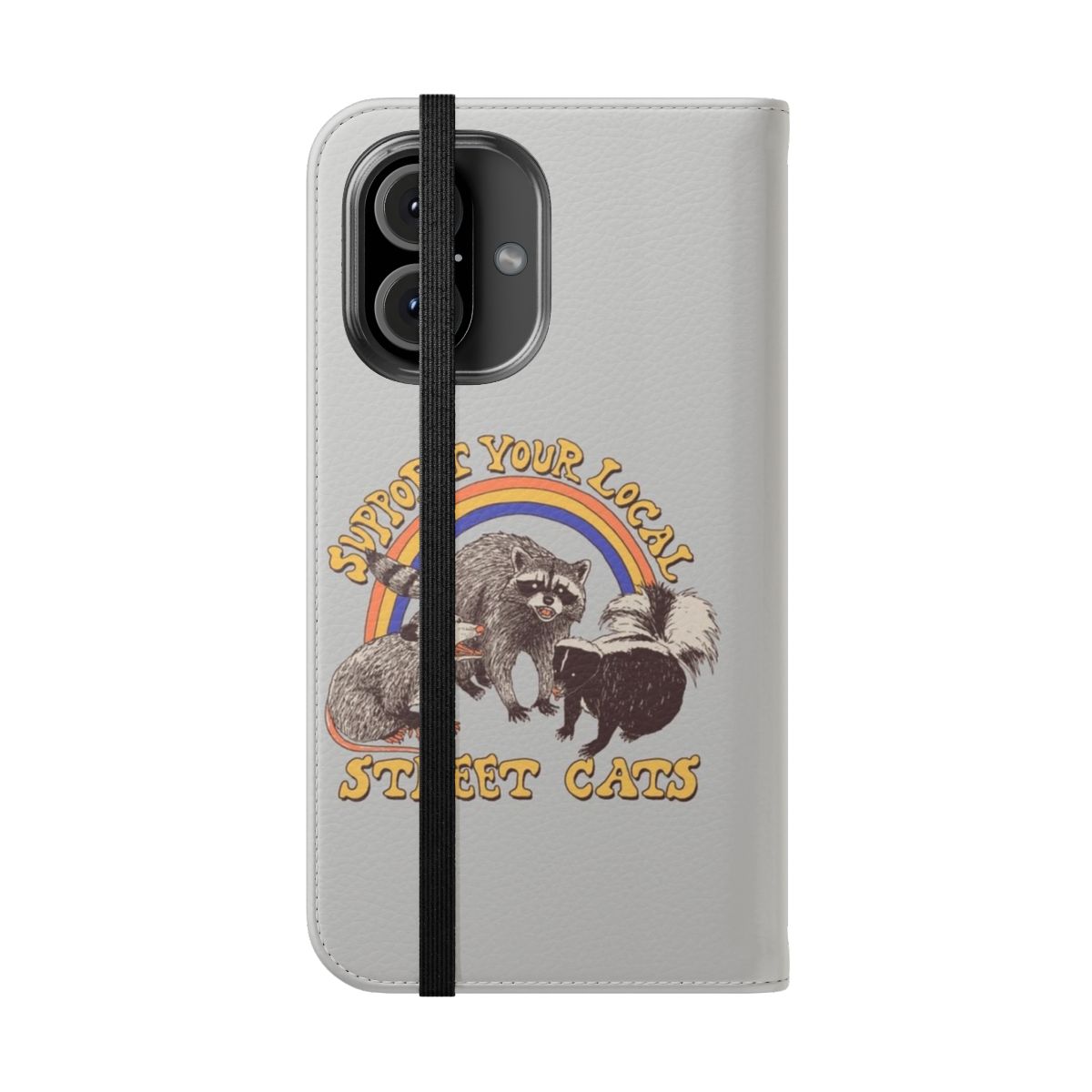 Vintage-style flip cover phone case with a whimsical animal print design featuring cats, raccoons, and other woodland creatures. - Folded Front