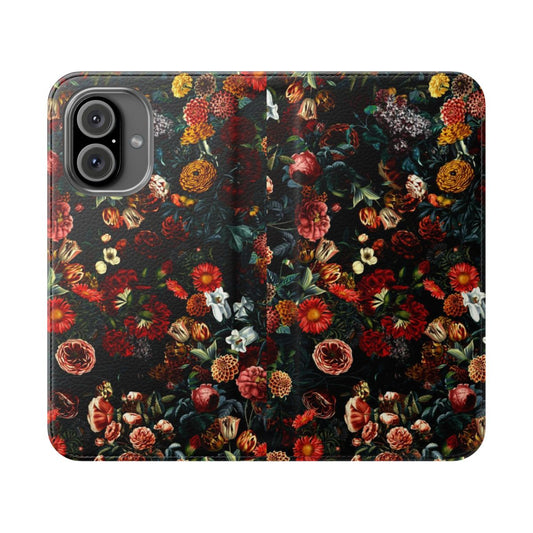 Vintage floral phone case with botanical nature design, featuring a midnight garden theme with flowers, leaves, and retro patterns.