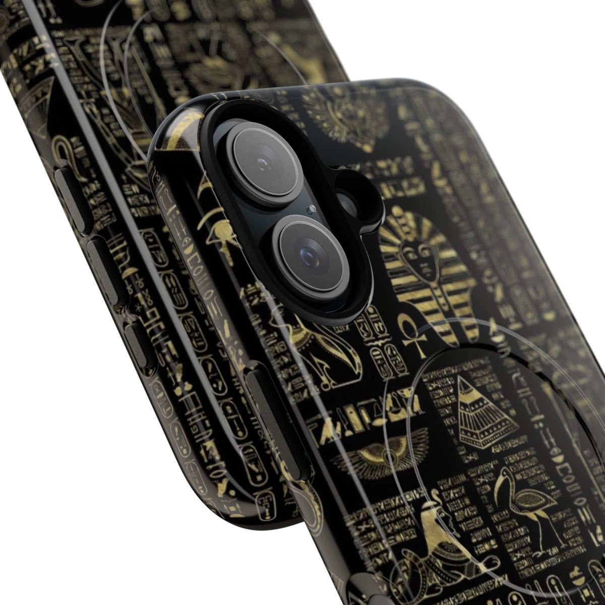 Magnetic phone case featuring ancient Egyptian hieroglyphs and deities in gold on a black background - Detail