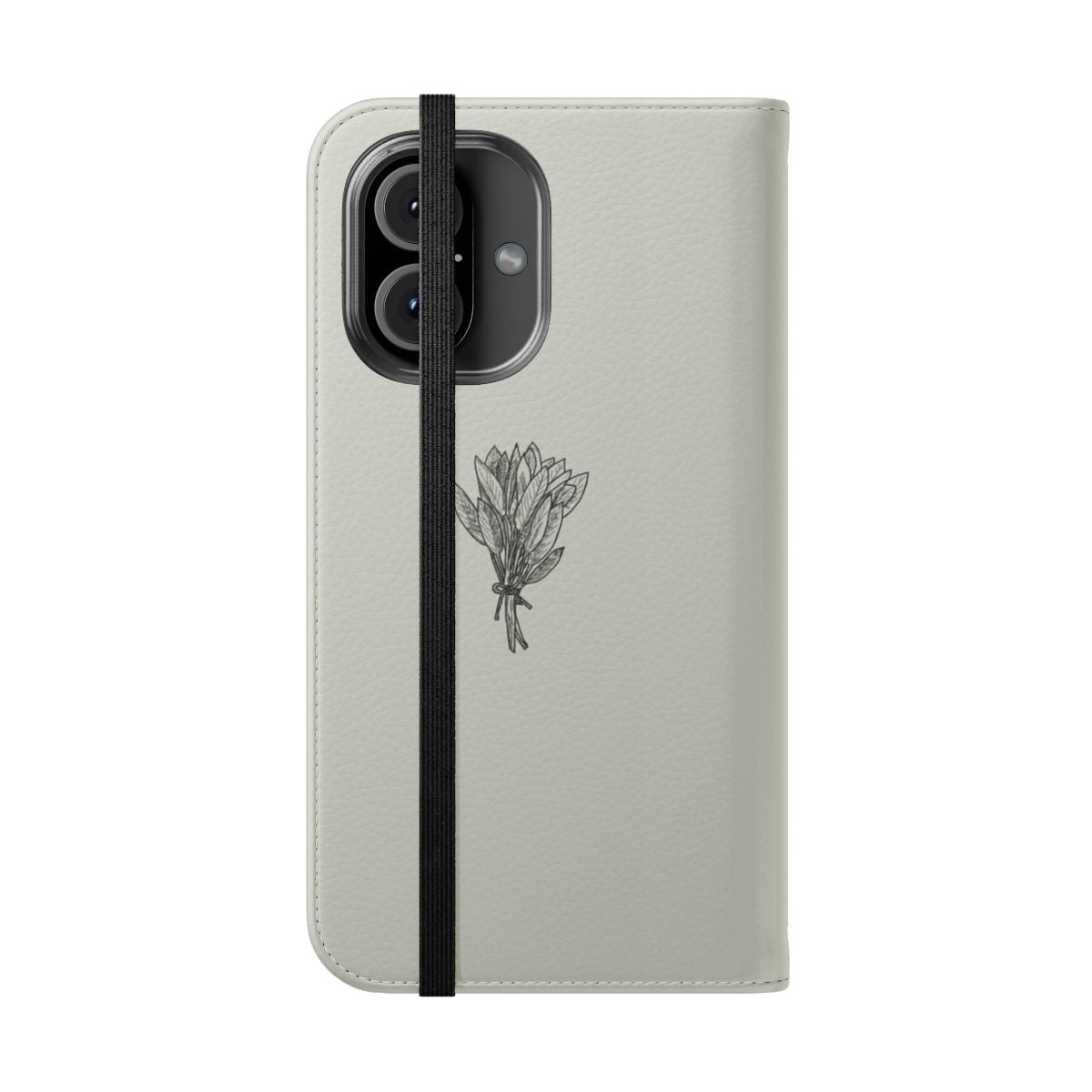 A minimalist phone case featuring a design of delicate sage bunches and botanical elements. - Folded Front