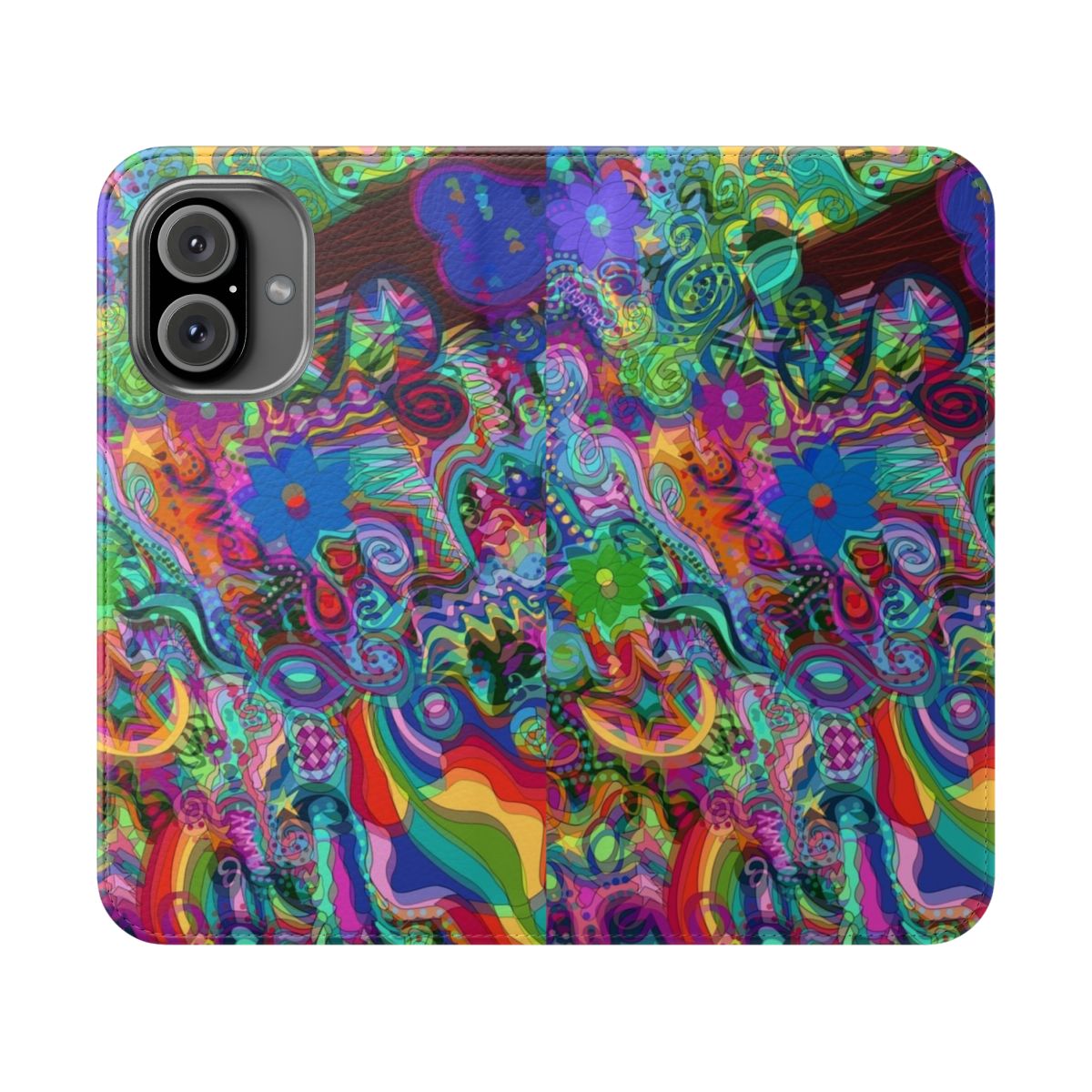 Colorful and trippy phone case with a psychedelic, kaleidoscopic design.