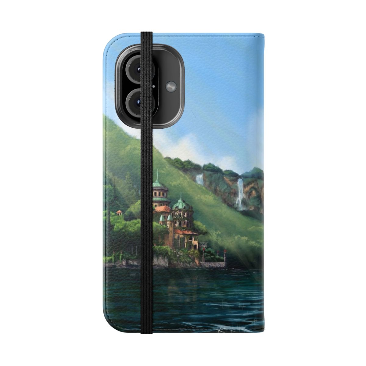 Phone case with image of waterfalls, lake, and villa inspired by Star Wars setting - Folded Front