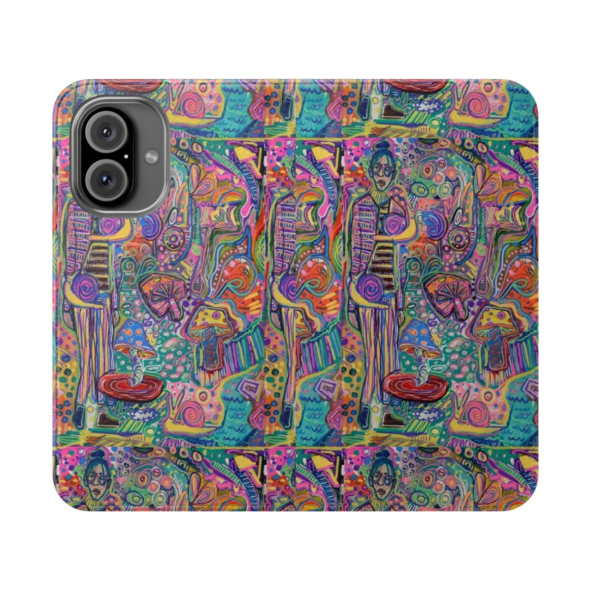 Colorful and vibrant trippy mushroom design on a flip phone case