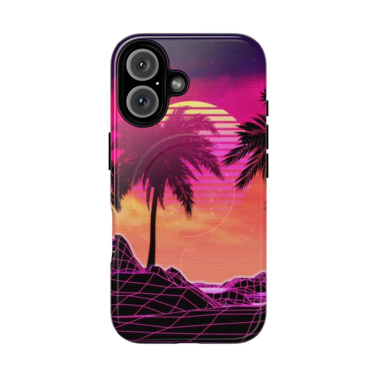 Pink vaporwave landscape with rocks and palm trees phone case