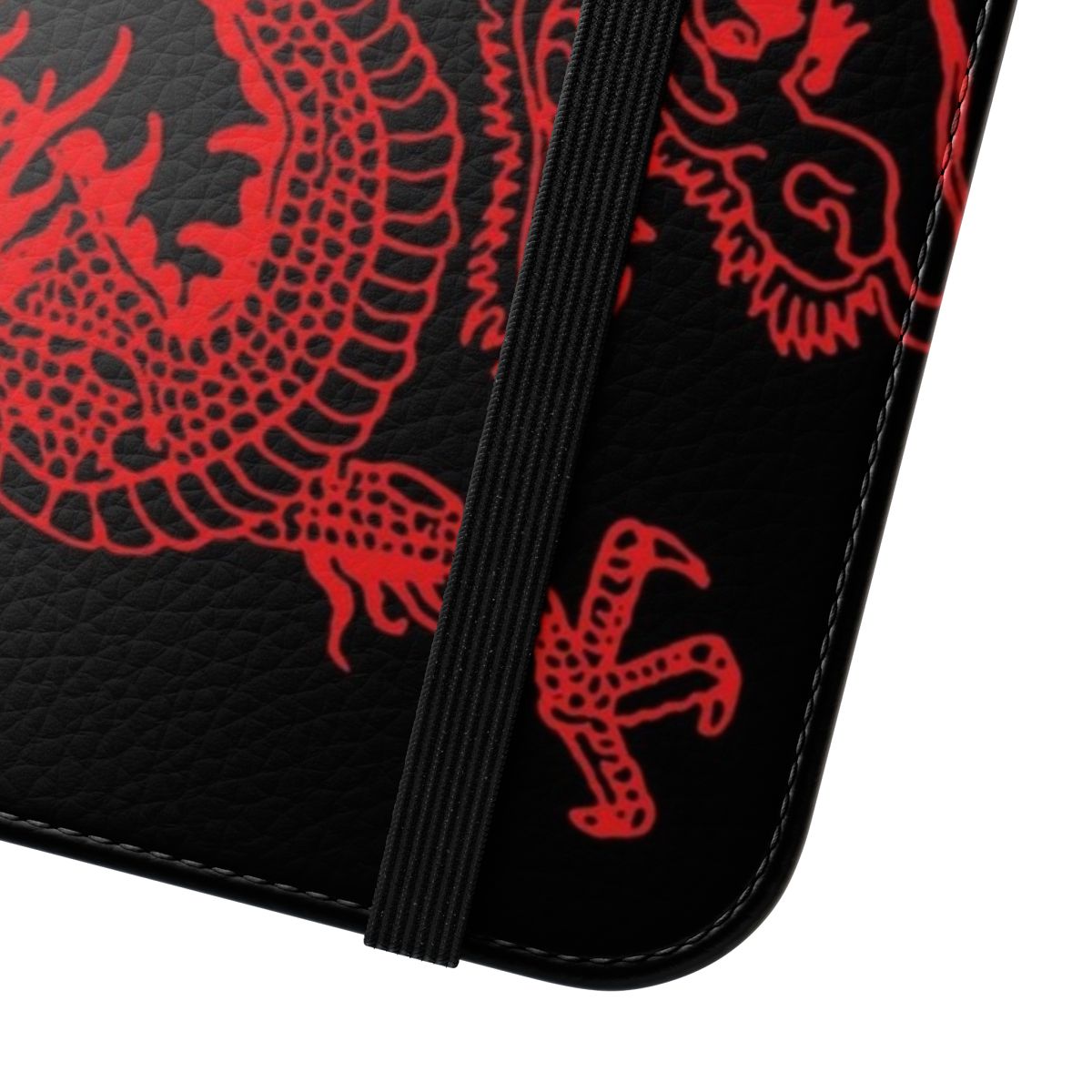 A red dragon-themed phone case with an eye-catching flip cover design. - Close Up