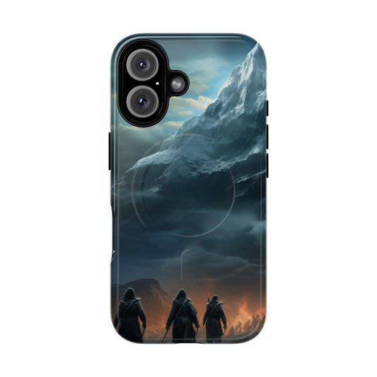 A detailed illustration of a whimsical, Hobbit-inspired mountain city on a protective phone case.