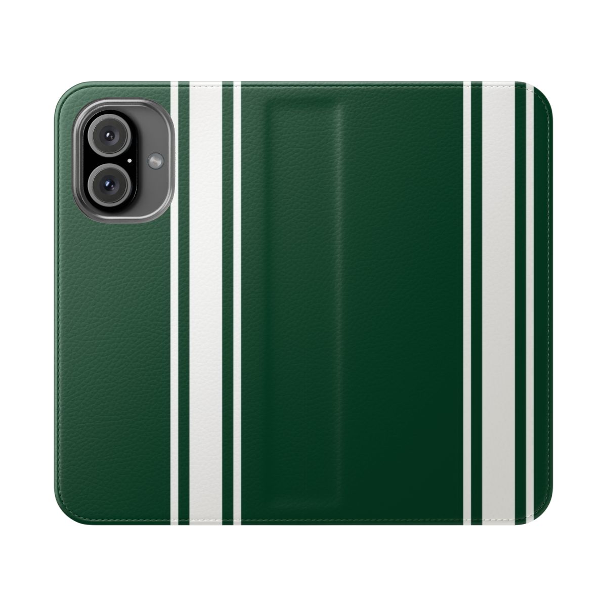 Dark green phone case with white pinstripes, inspired by classic British racing cars