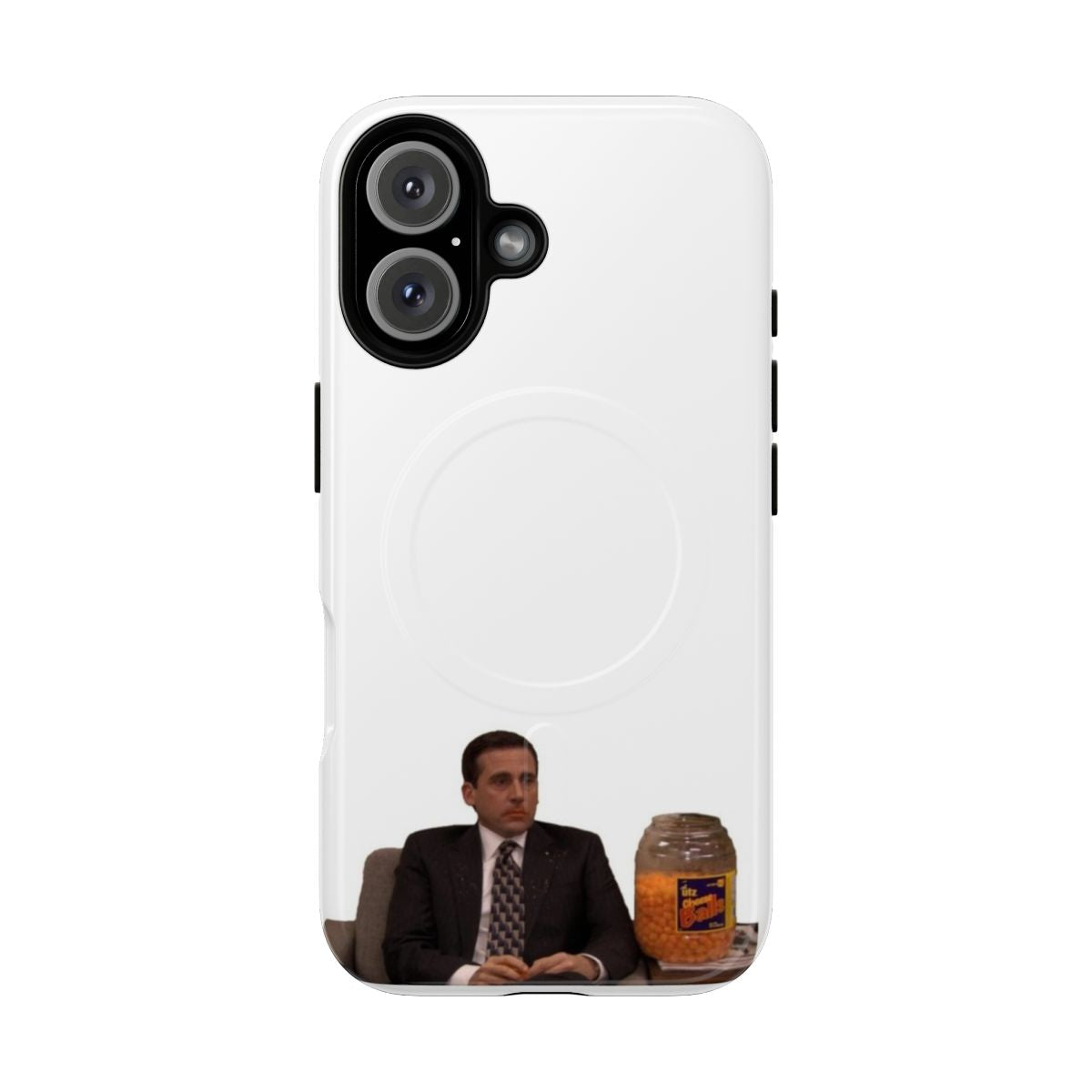 Magnetic tough phone case with The Office-inspired cheese puffs design featuring Michael Scott, Dwight Schrute, and other characters.