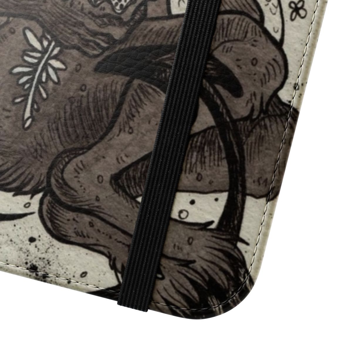 Dark, monochrome phone case featuring a demonic, goat-like creature with wings and an ominous, supernatural design. - Close Up