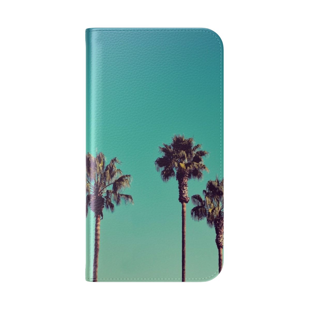 Vibrant phone case featuring a minimalist design of palm trees against a turquoise and blue background, representing the natural beauty of California. - Folded Back