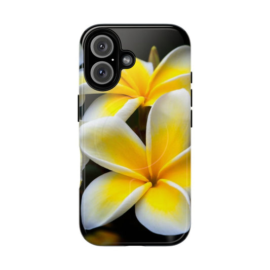 Close-up of a yellow plumeria flower on a phone case