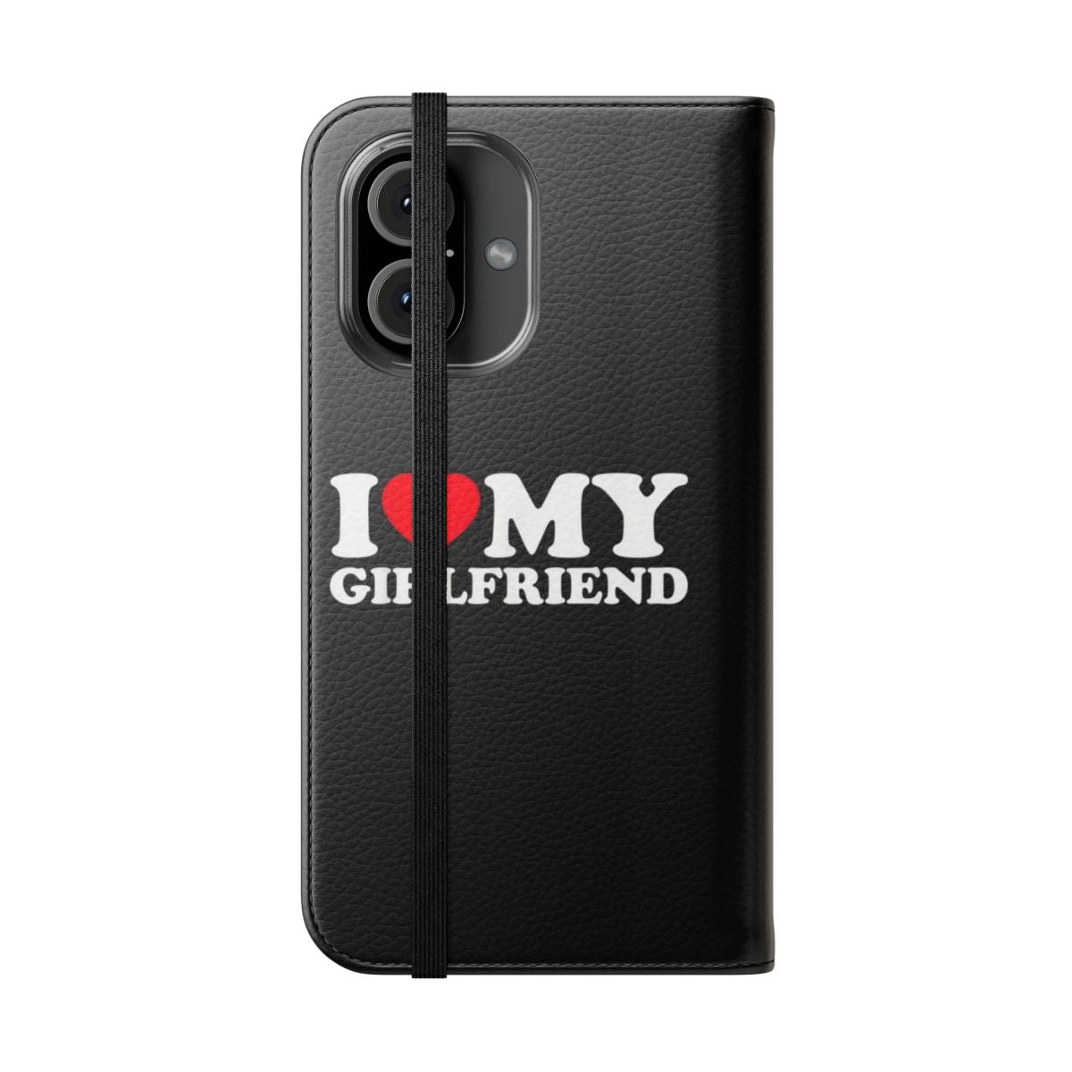 Customized flip cover phone case featuring a design that says "I Love My Girlfriend" or "I Heart My Girlfriend" - Folded Front