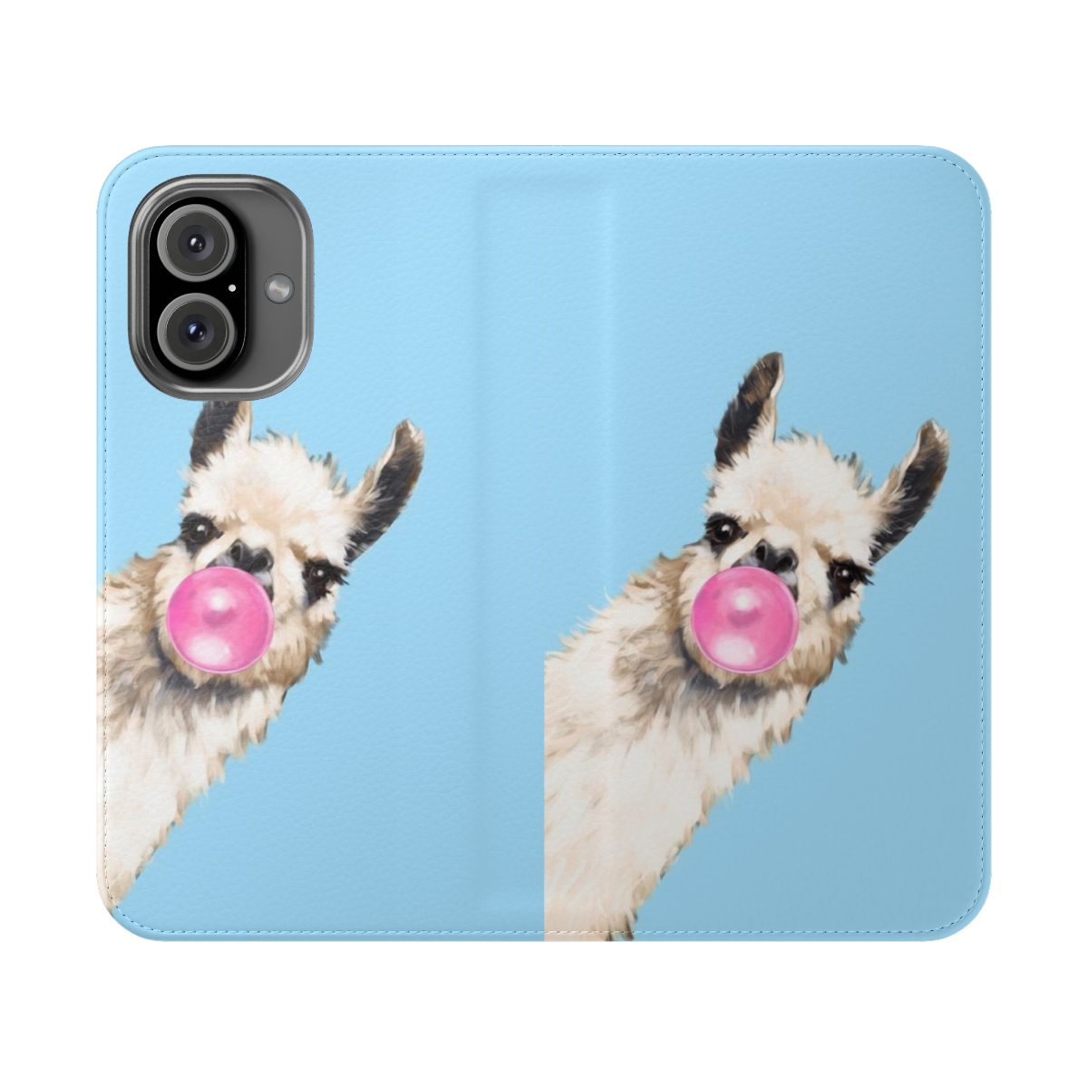 Illustration of a sneaky llama blowing bubble gum on a blue flip phone case