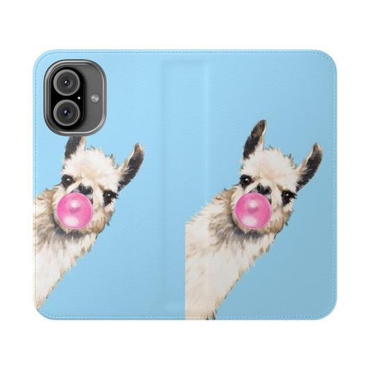 Illustration of a sneaky llama blowing bubble gum on a blue flip phone case