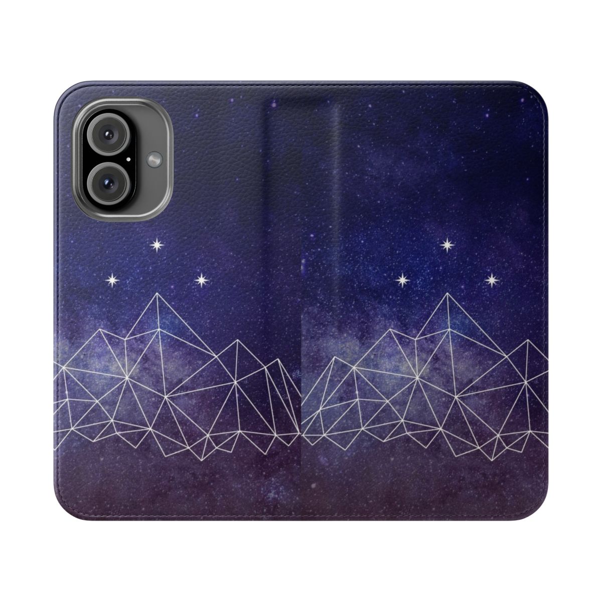 A blue phone case featuring a night sky, mountains, and stars, inspired by the "A Court of Thorns and Roses" book series.