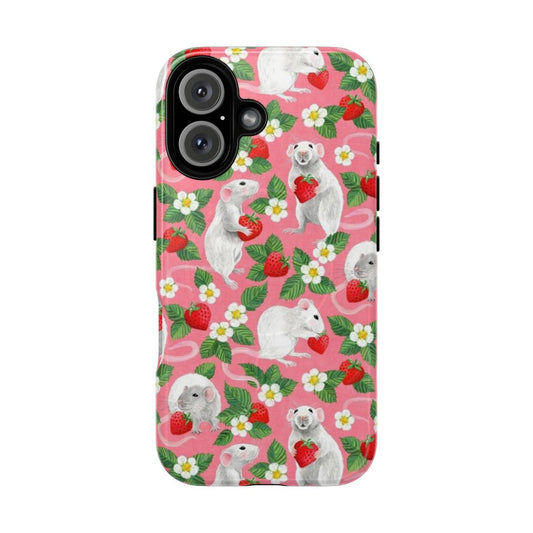 A phone case featuring a cute pink pattern with rats eating strawberries.