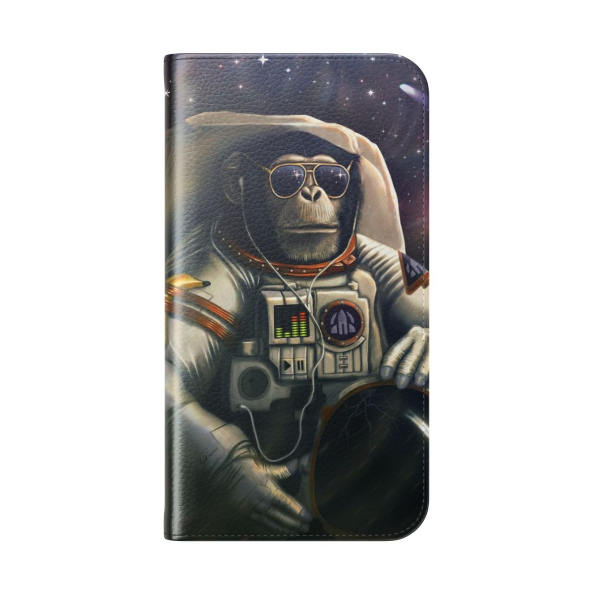 Flip cover phone case with a space-themed design featuring an astronaut monkey - Folded Back