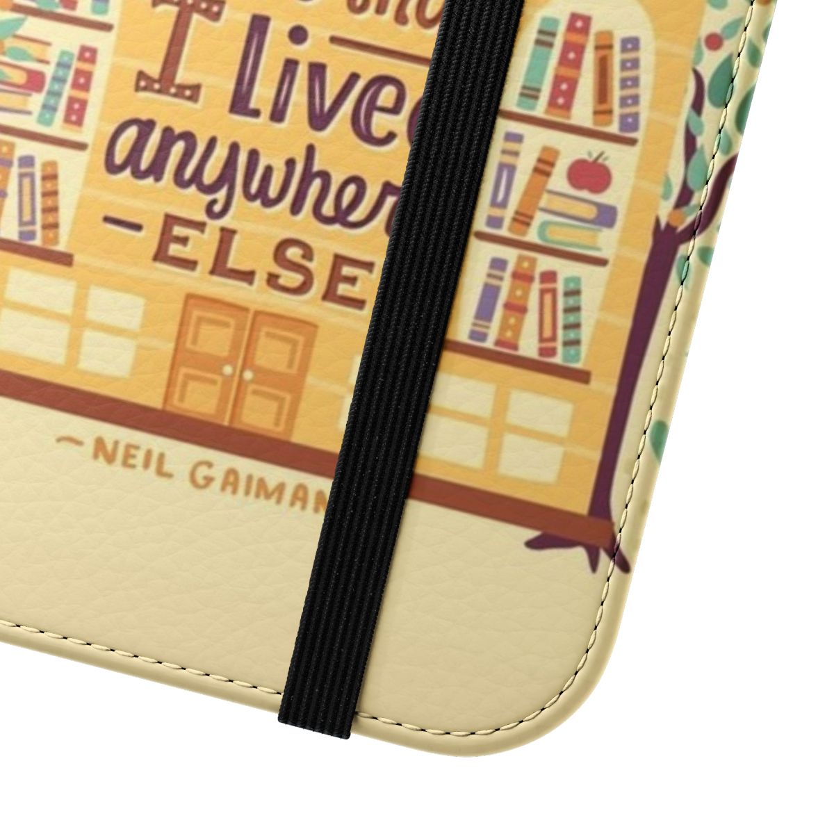 A flip cover phone case featuring a hand-lettered "Lived in books" design against a backdrop of books and bookshelves. - Close Up