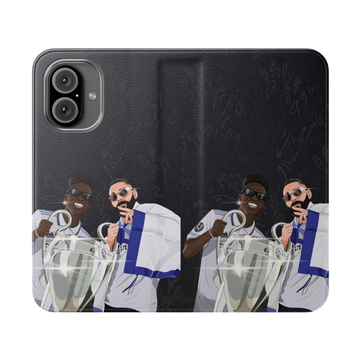 Real Madrid players Vinicius Jr. and Karim Benzema on a phone case