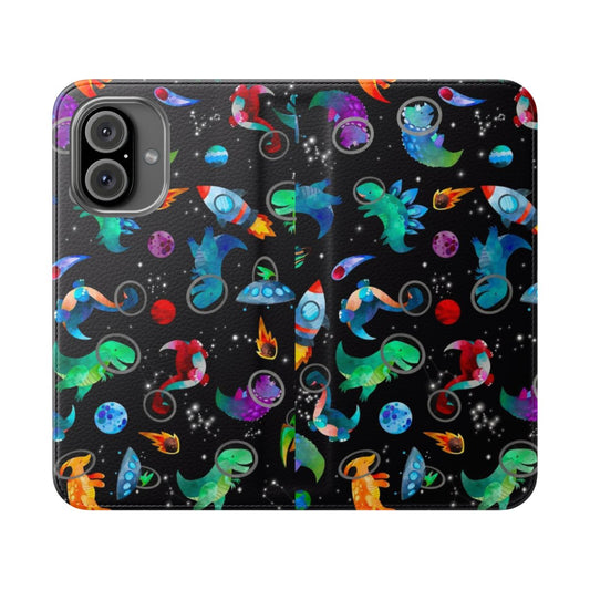 Vibrant watercolor dinosaur and galaxy pattern on a flip cover phone case