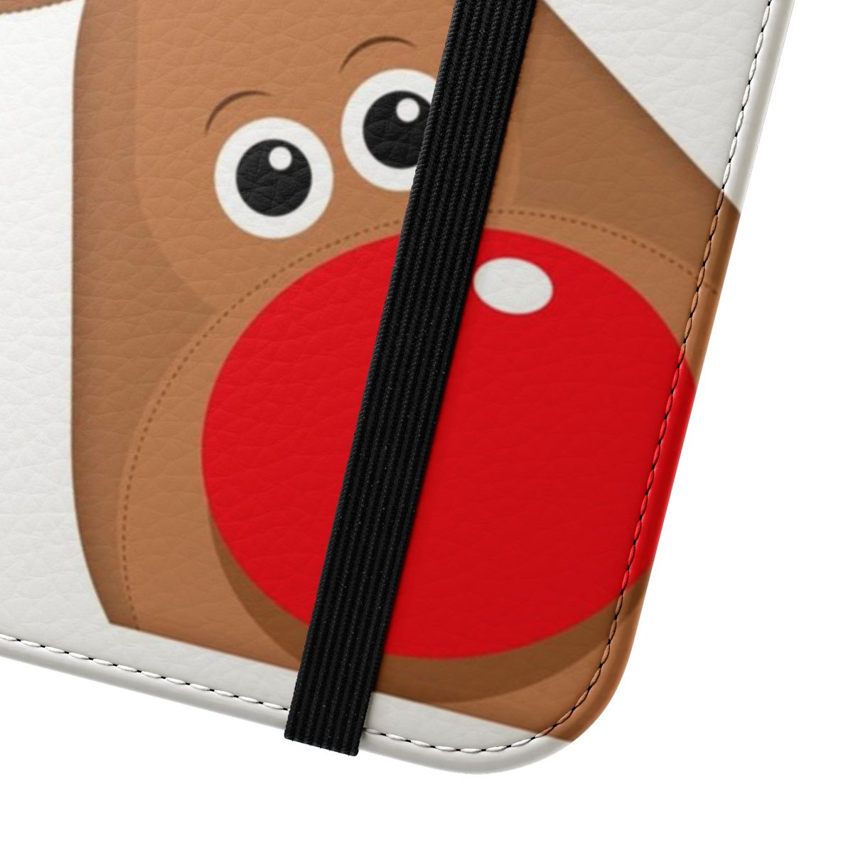 A red-nosed reindeer-themed flip phone case with a fun, cheeky design. - Close Up