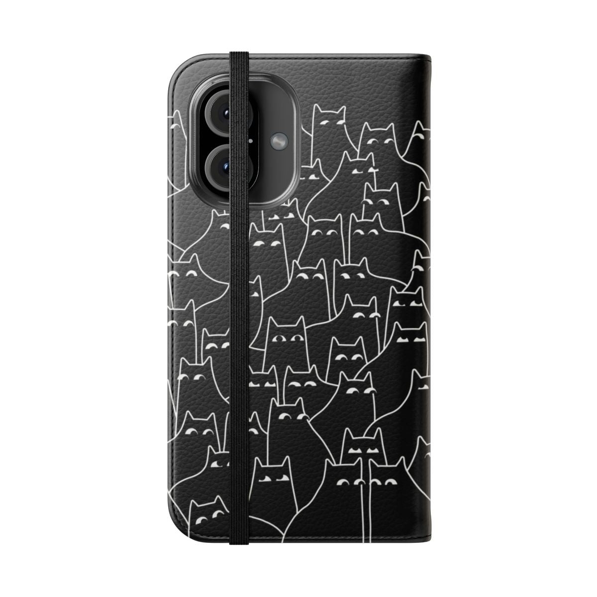 Flip phone case with a minimal black and white illustration of a suspicious looking cat - Folded Front