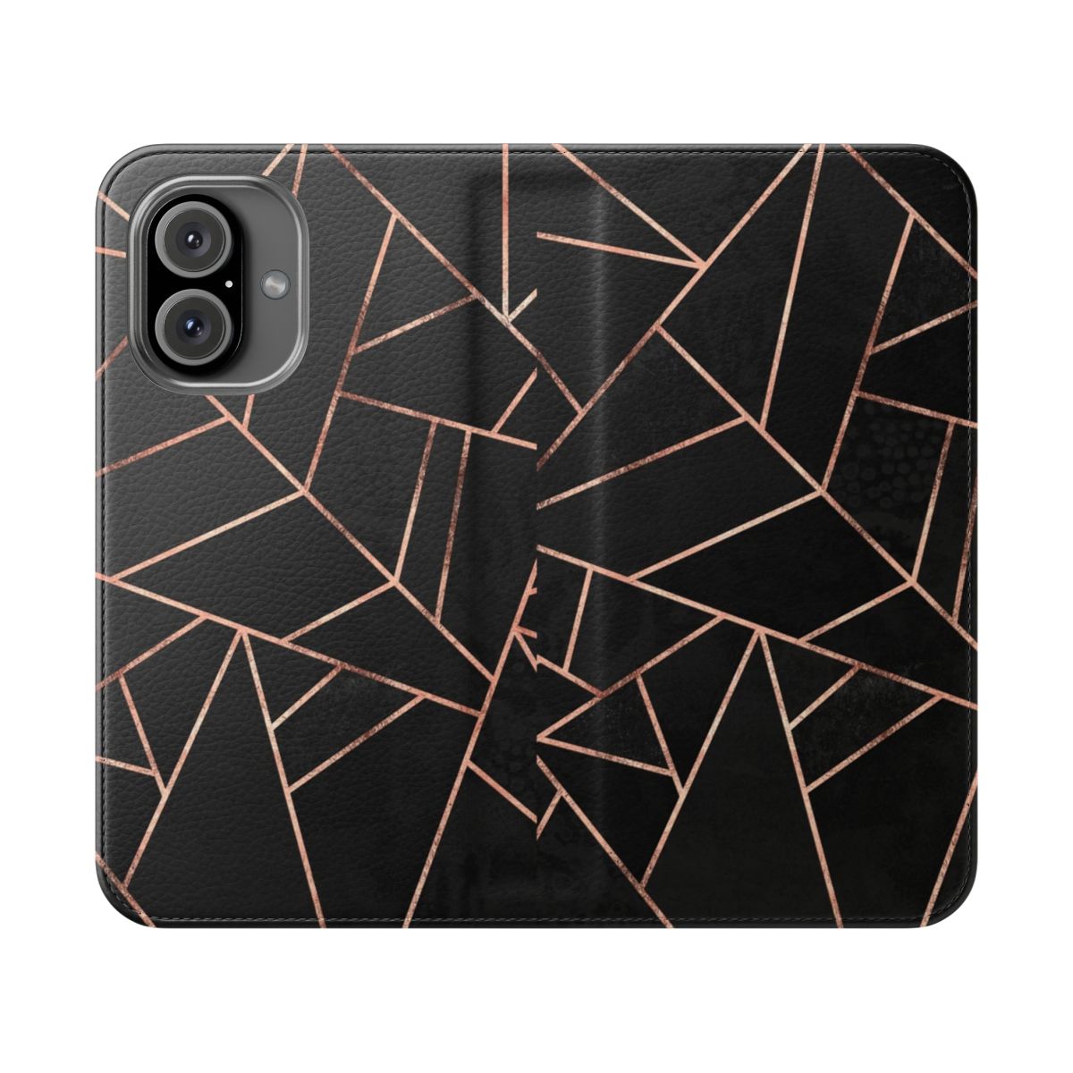 Minimalist dark modern geometric abstract flip phone case in black and rose gold colors