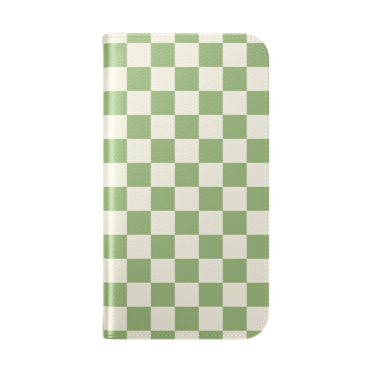 Checkerboard pattern phone case in light sage green and cream - Folded Back