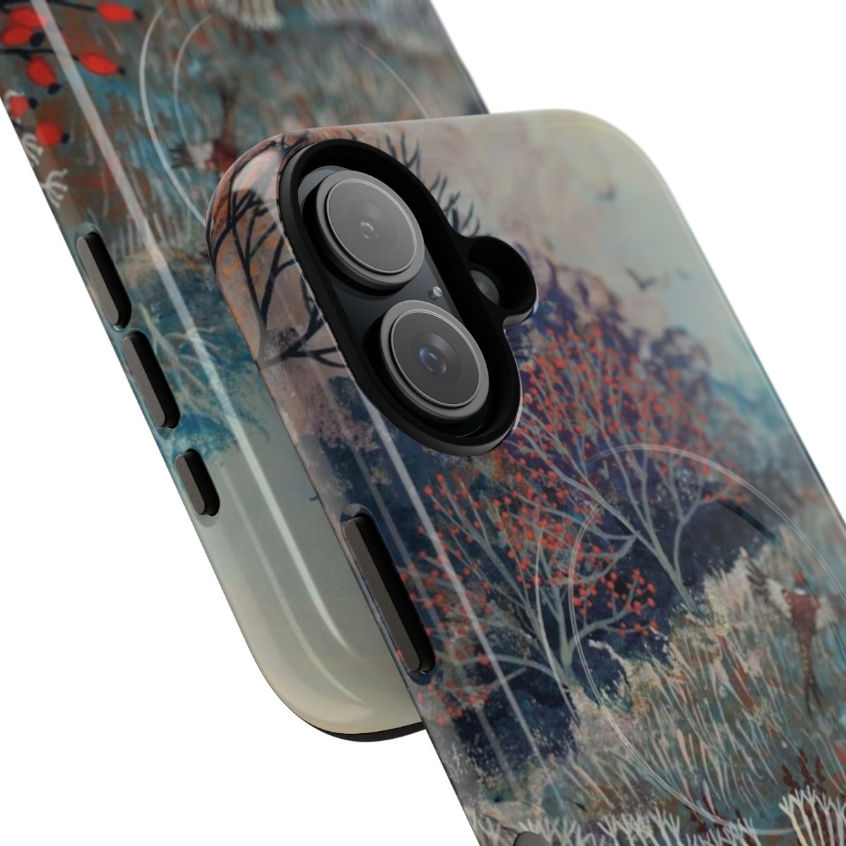 Autumn landscape phone case featuring pheasants, seedheads, and berries - Detail