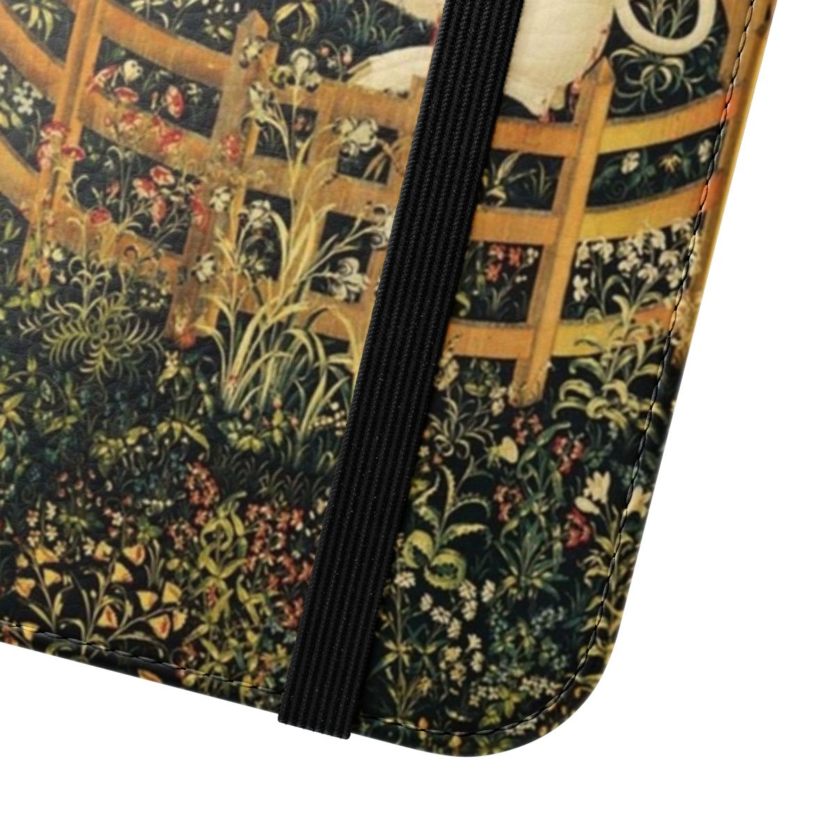 Flip phone case featuring a whimsical design with a mythical unicorn and elegant green floral motifs. - Close Up