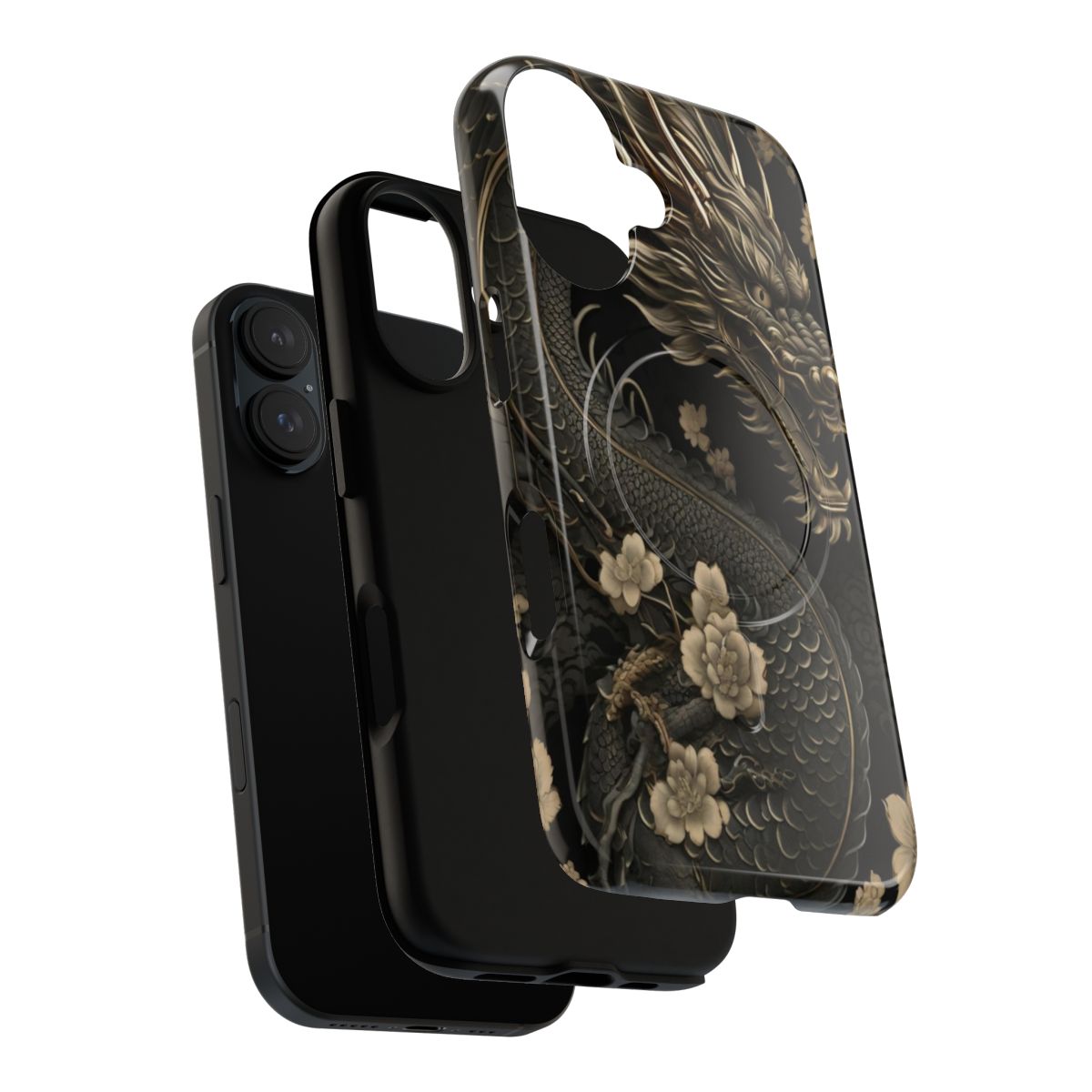 A traditional Japanese-inspired phone case with a black dragon and cherry blossoms design - Layers