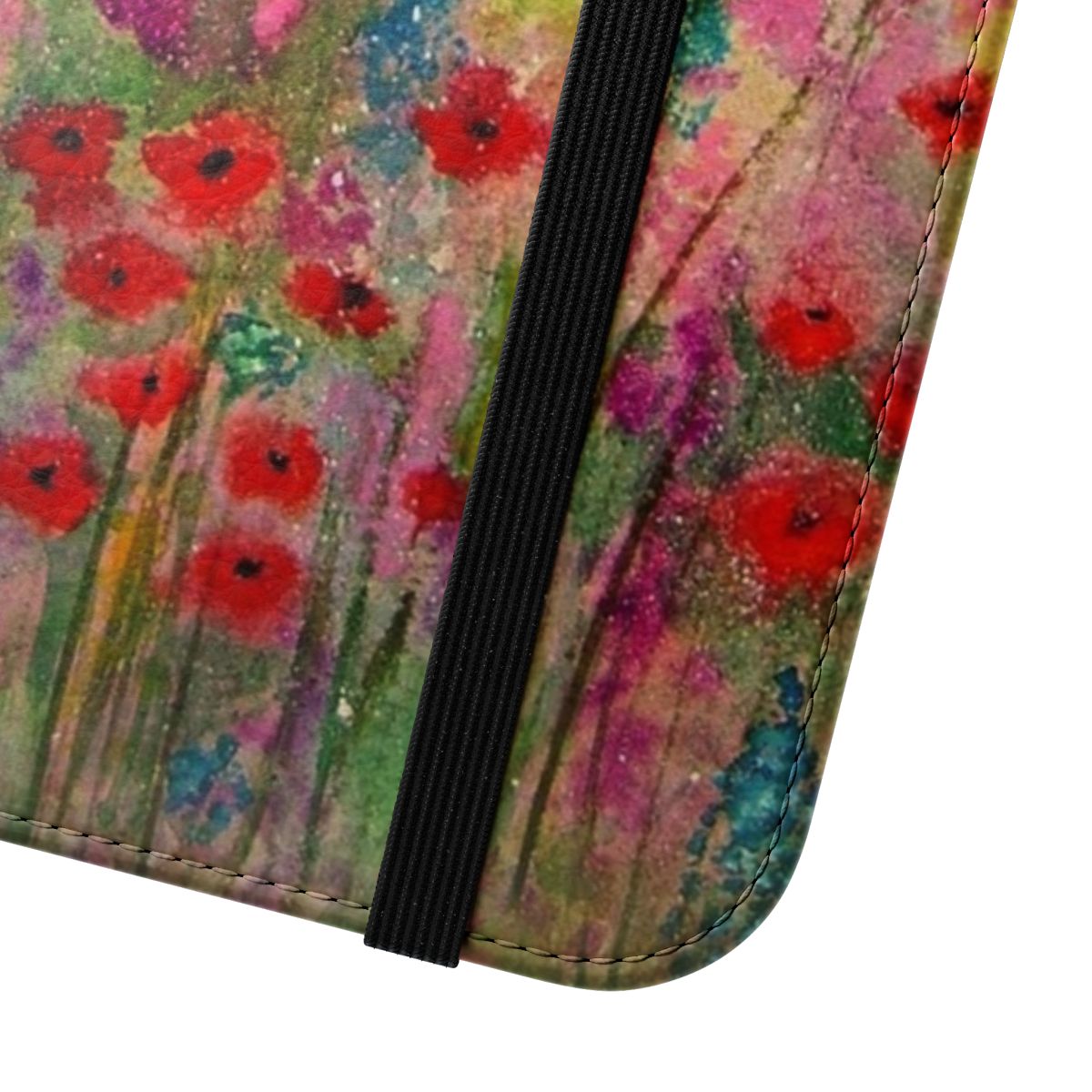 Handmade 'Spring Meadow' watercolor art phone case featuring a colorful meadow landscape with poppies. - Close Up