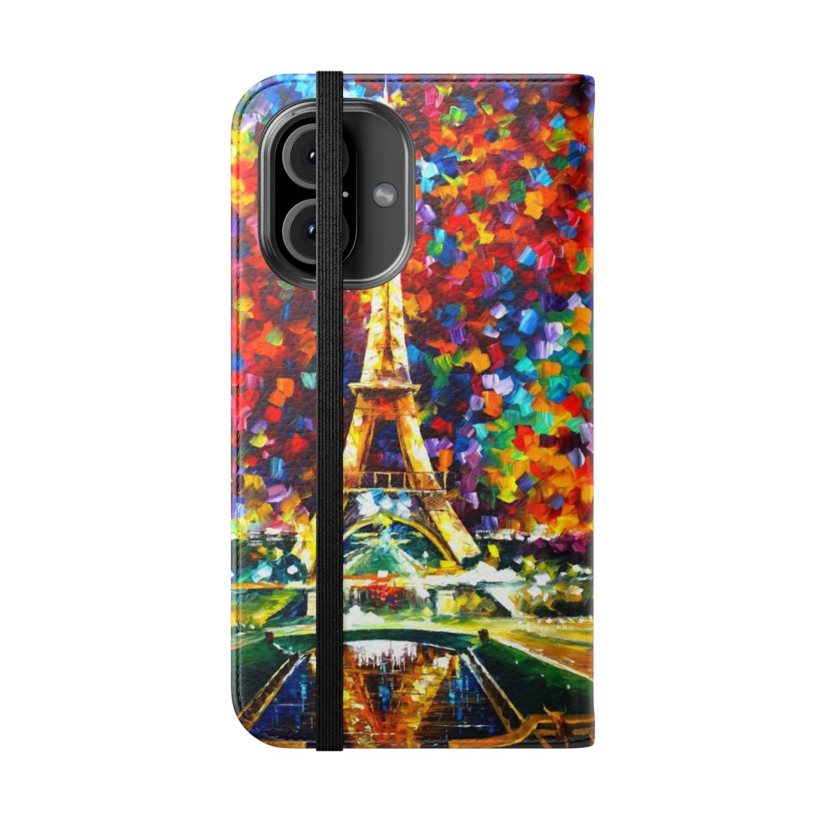 Leonid Afremov inspired flip cover phone case featuring a painting of a Paris cityscape at night. - Folded Front