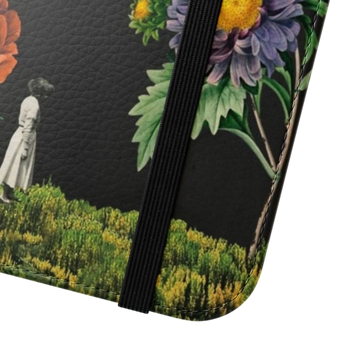 Artful solar-powered flip phone cover with a collage of surreal floral imagery, sun, and eyes - Close Up