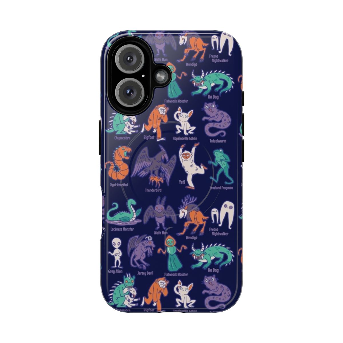 Magnetic tough phone case featuring various cryptid creatures from mythology and folklore