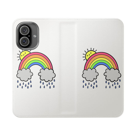 Vibrant colorful phone case with a design featuring rainbows and clouds against a blue sky