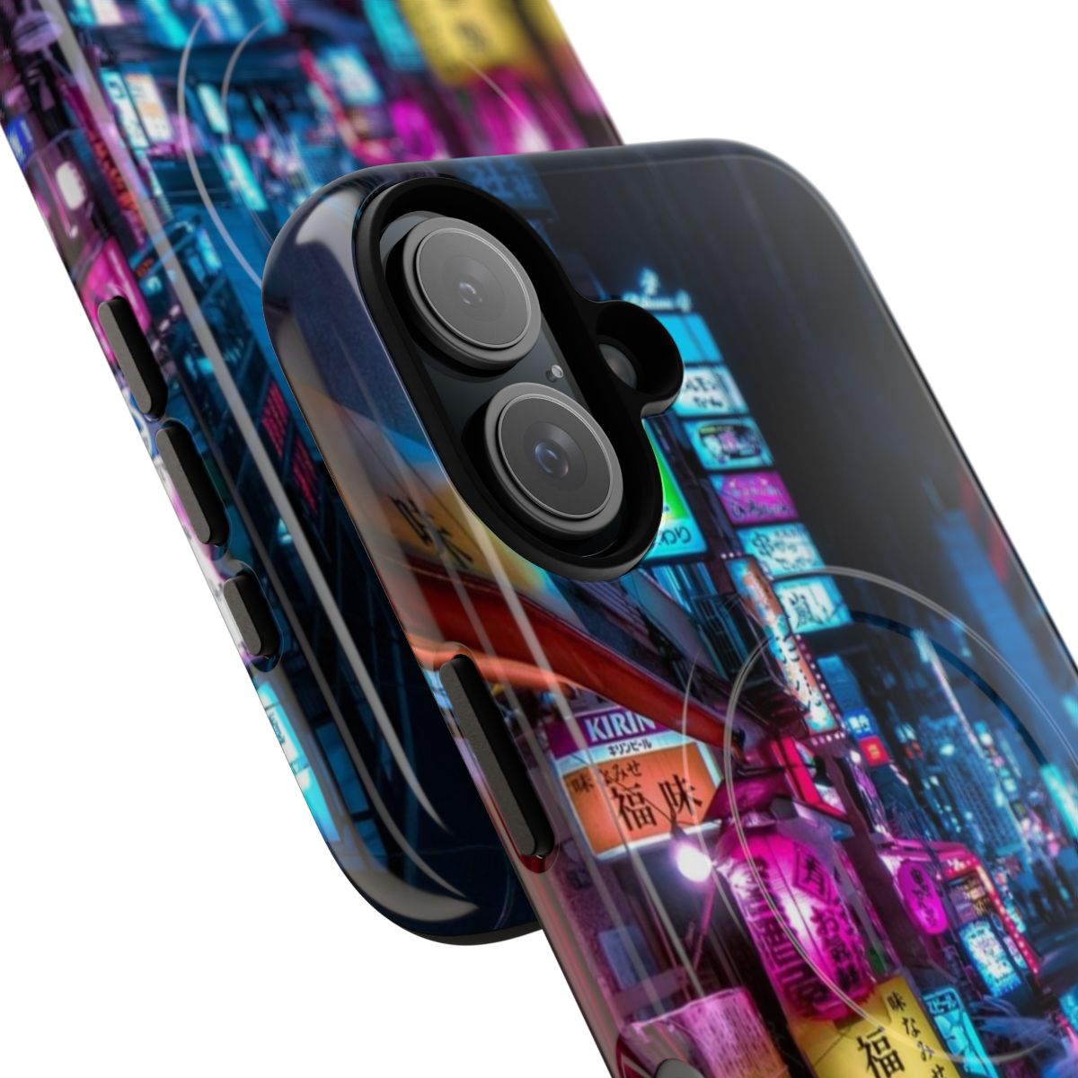 Neon-lit Tokyo alley with moody, futuristic atmosphere featured on a magnetic phone case - Detail