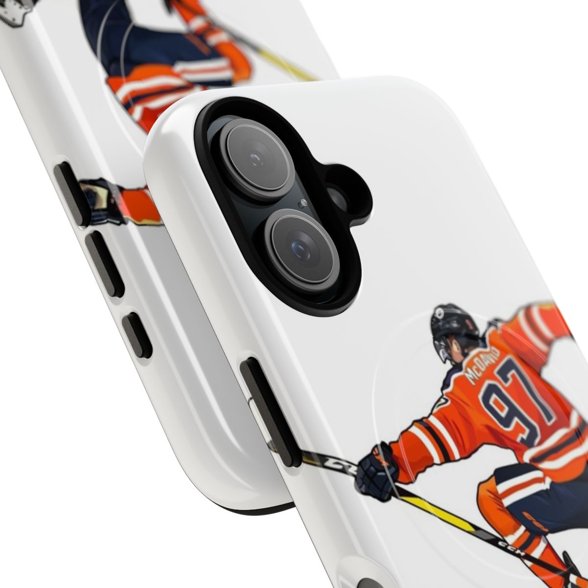 Magnetic phone case with artwork of Edmonton Oilers hockey player Connor McDavid celebrating - Detail